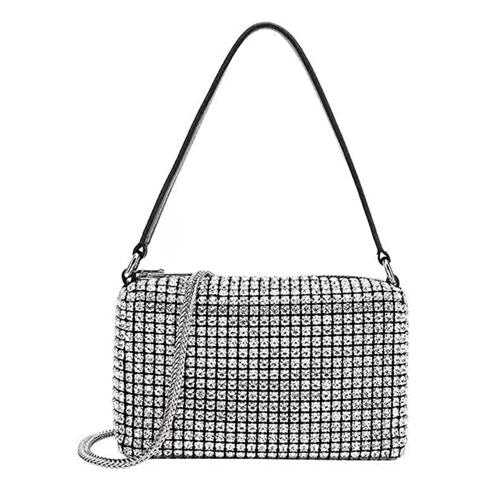 Cartera de noche con diamantes de imitación y asa superior